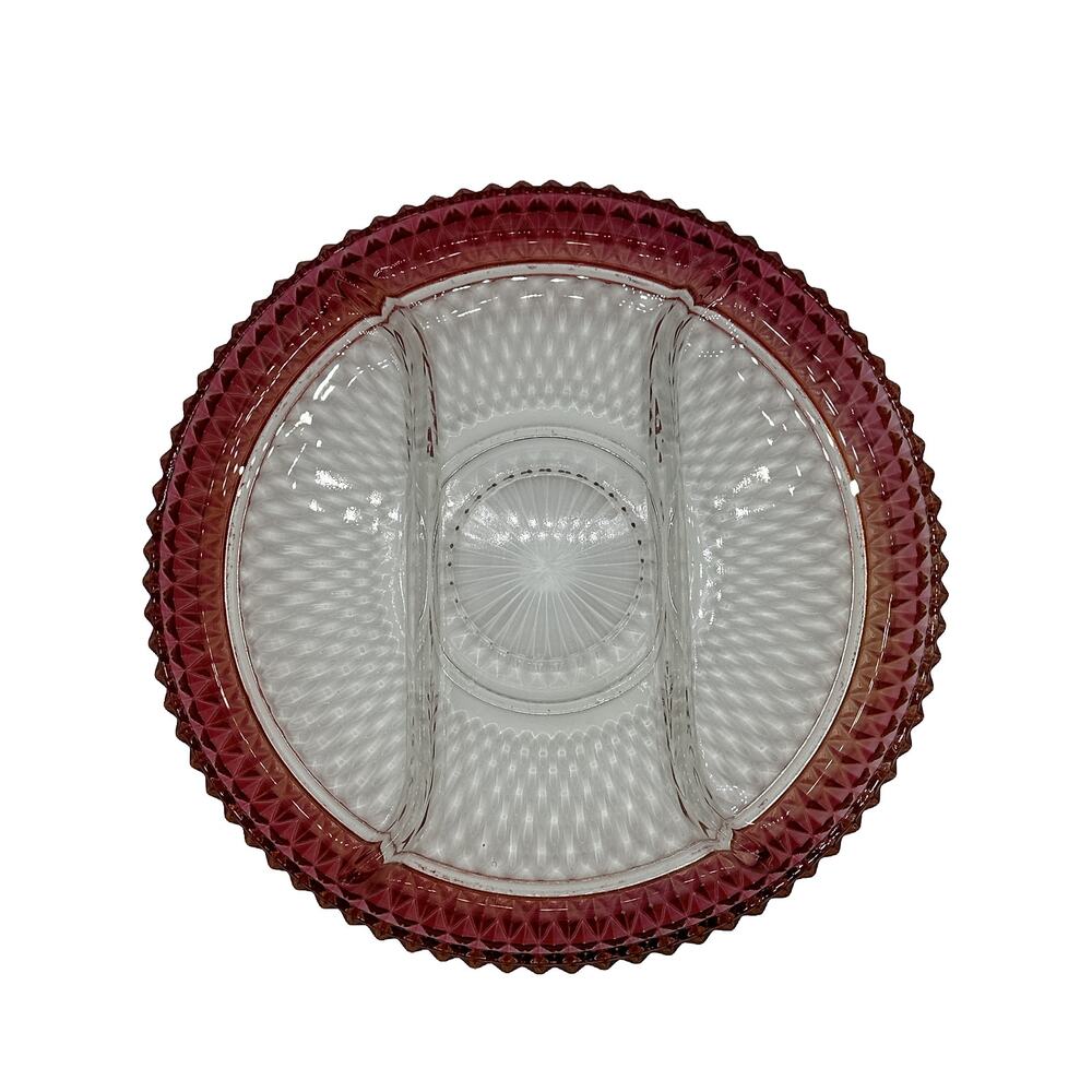 Cranberry /clear cut glass VINTAGE 3 compartments serving tray EXCELLENT COND